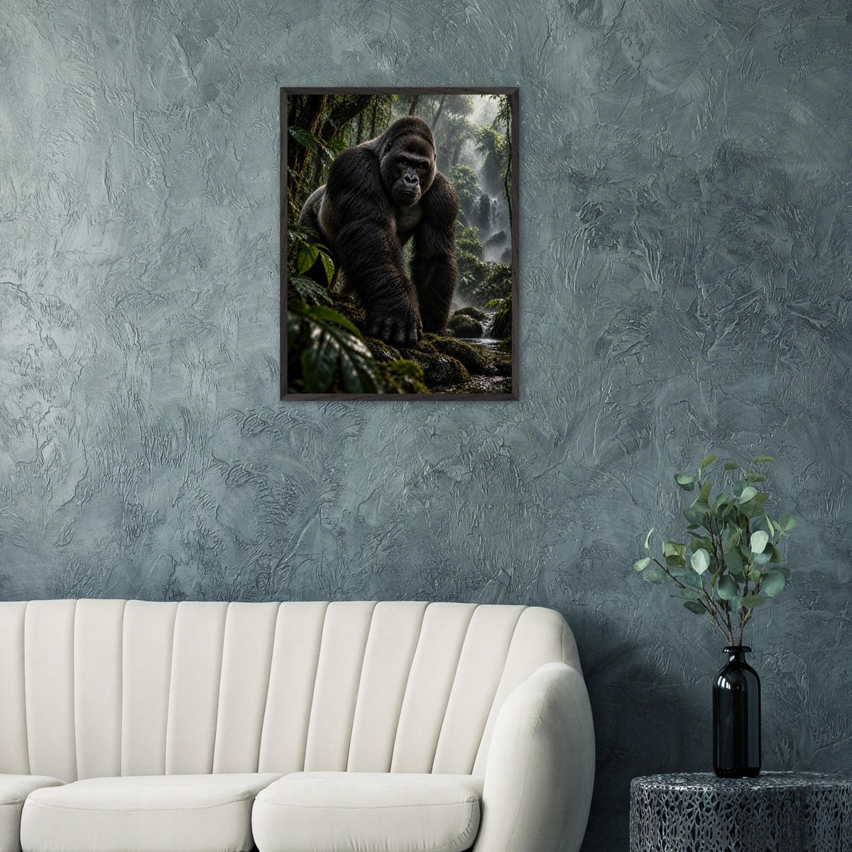 Gorilla framed art print, 60 × 80 cm, above a sofa