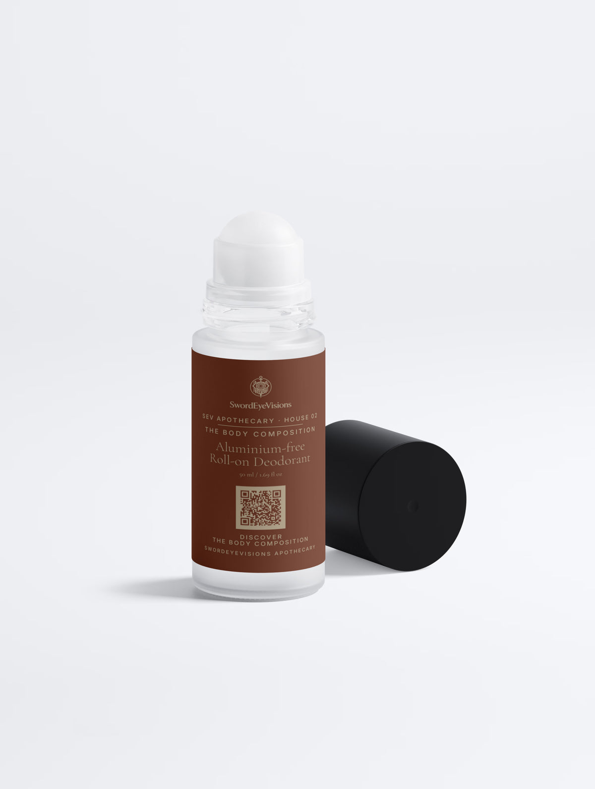 Aluminium-free Roll-on Deodorant — 50 ml glass bottle turned to show the ingredient and compliance panel, with the black cap alongside.