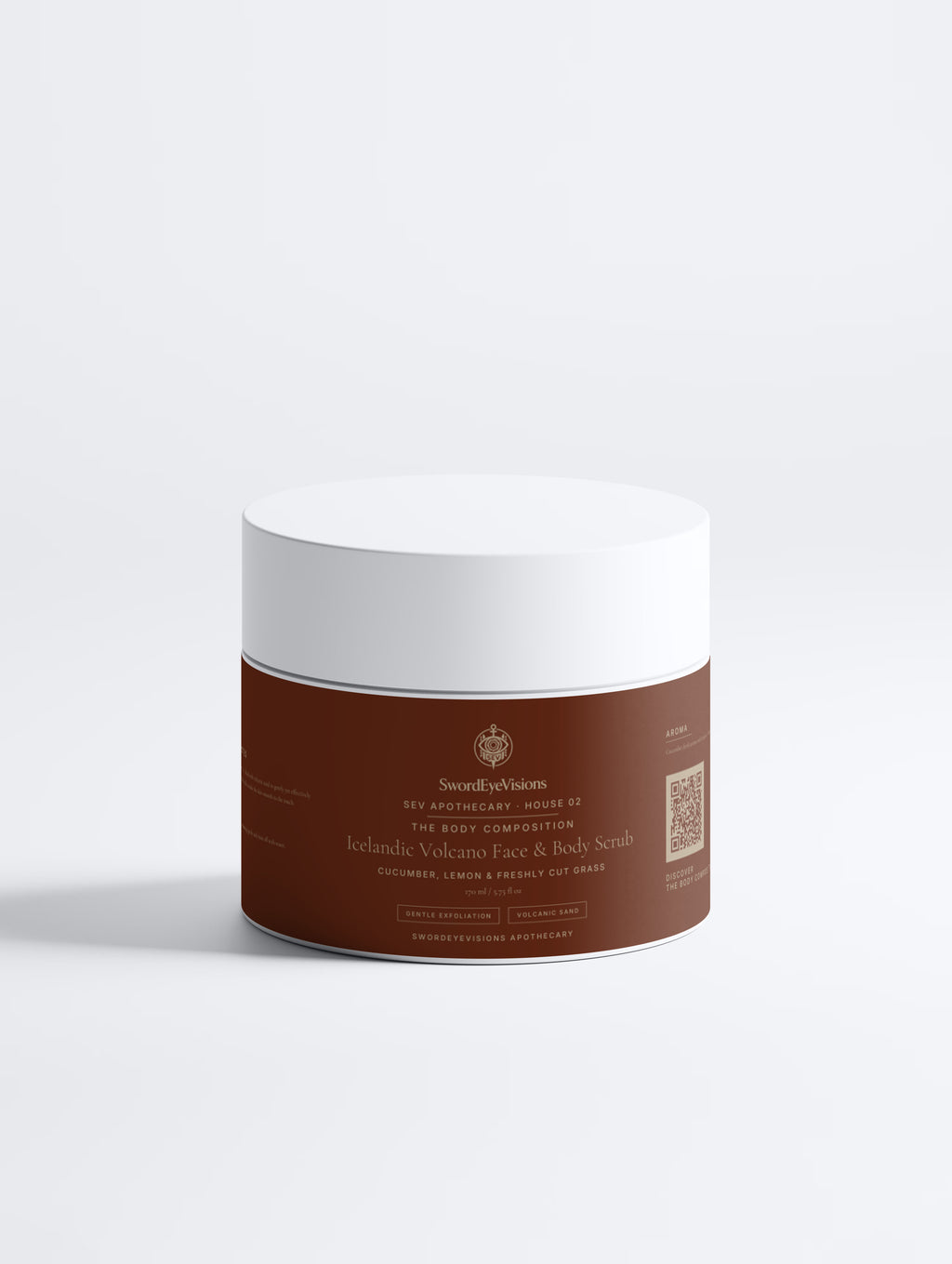 Icelandic Volcano Face & Body Scrub — 170 ml SEV Apothecary jar, The Body Composition, on a plain studio background.