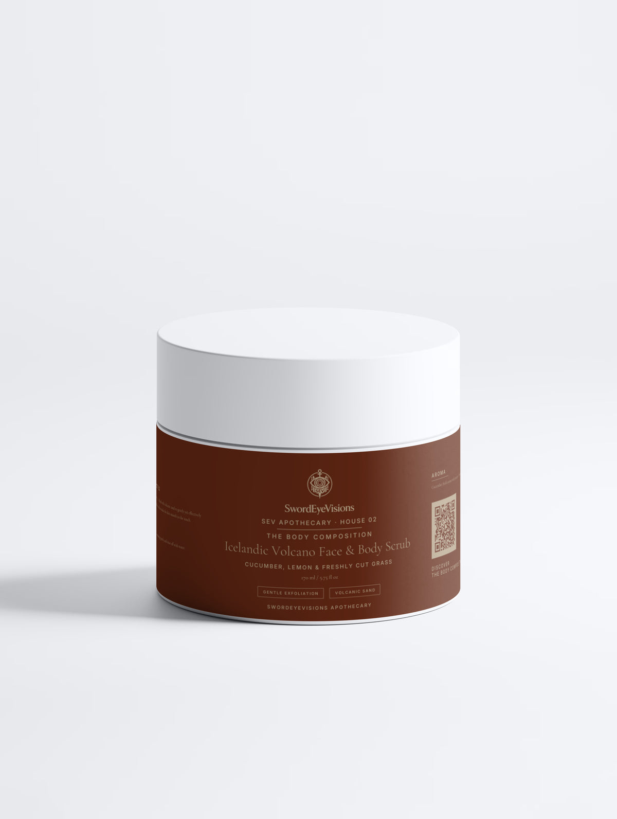 Icelandic Volcano Face & Body Scrub — 170 ml SEV Apothecary jar, The Body Composition, on a plain studio background.