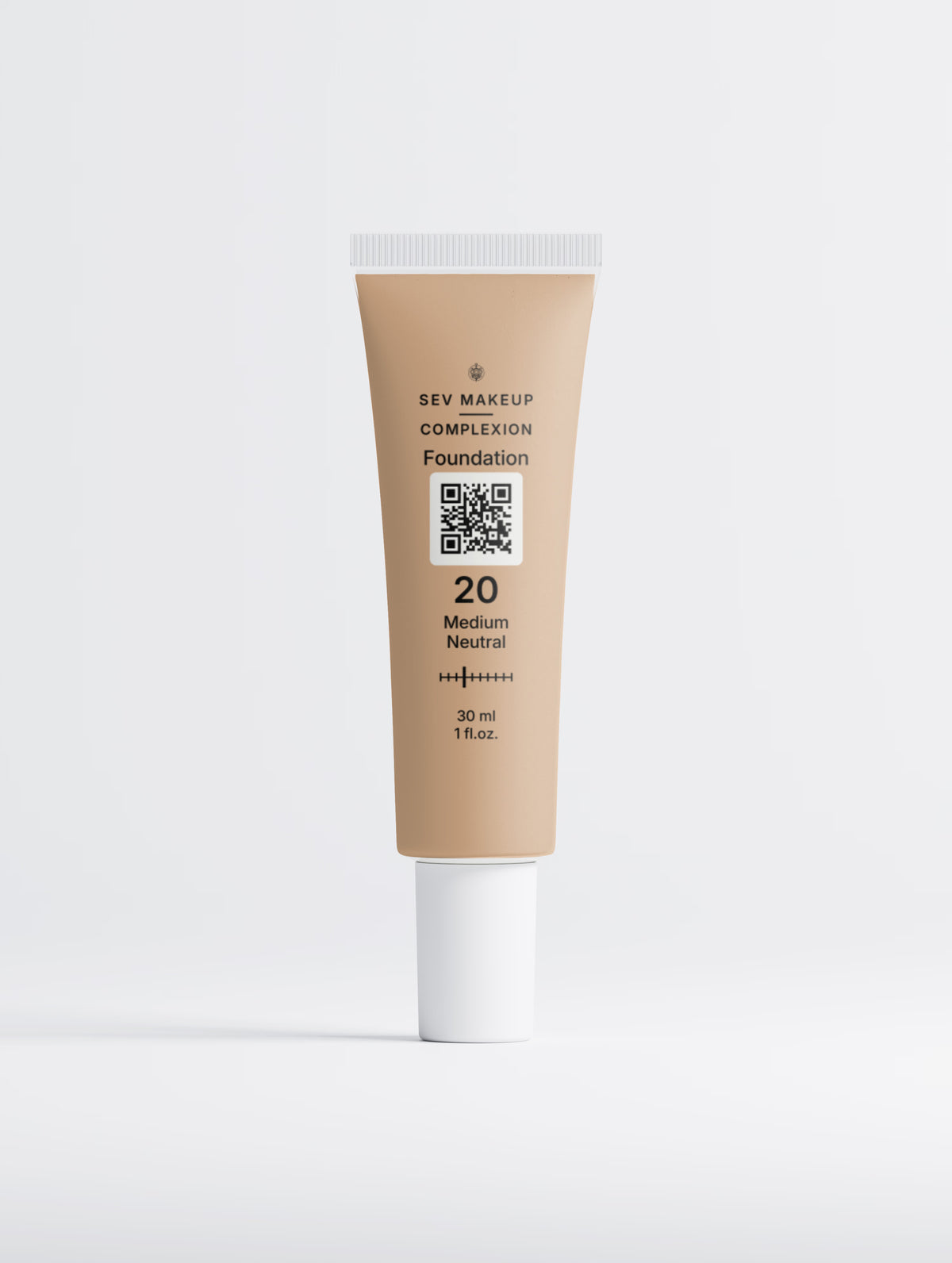 SEV Makeup Foundation with Peptides in shade 20 Medium Neutral: a 30 ml squeeze tube tinted to the medium neutral shade with a white cap, carrying the Complexion ten-position shade index and a QR code on a light tile.