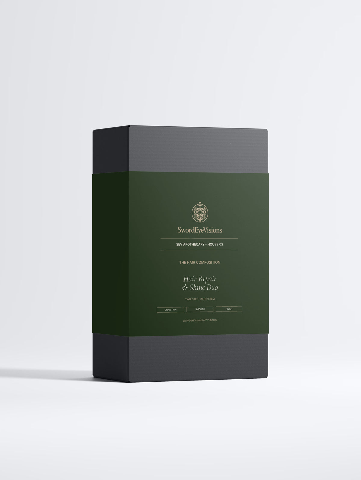 Hair Repair & Shine Duo in its black box with deep green SEV Hair Composition sleeve, front view