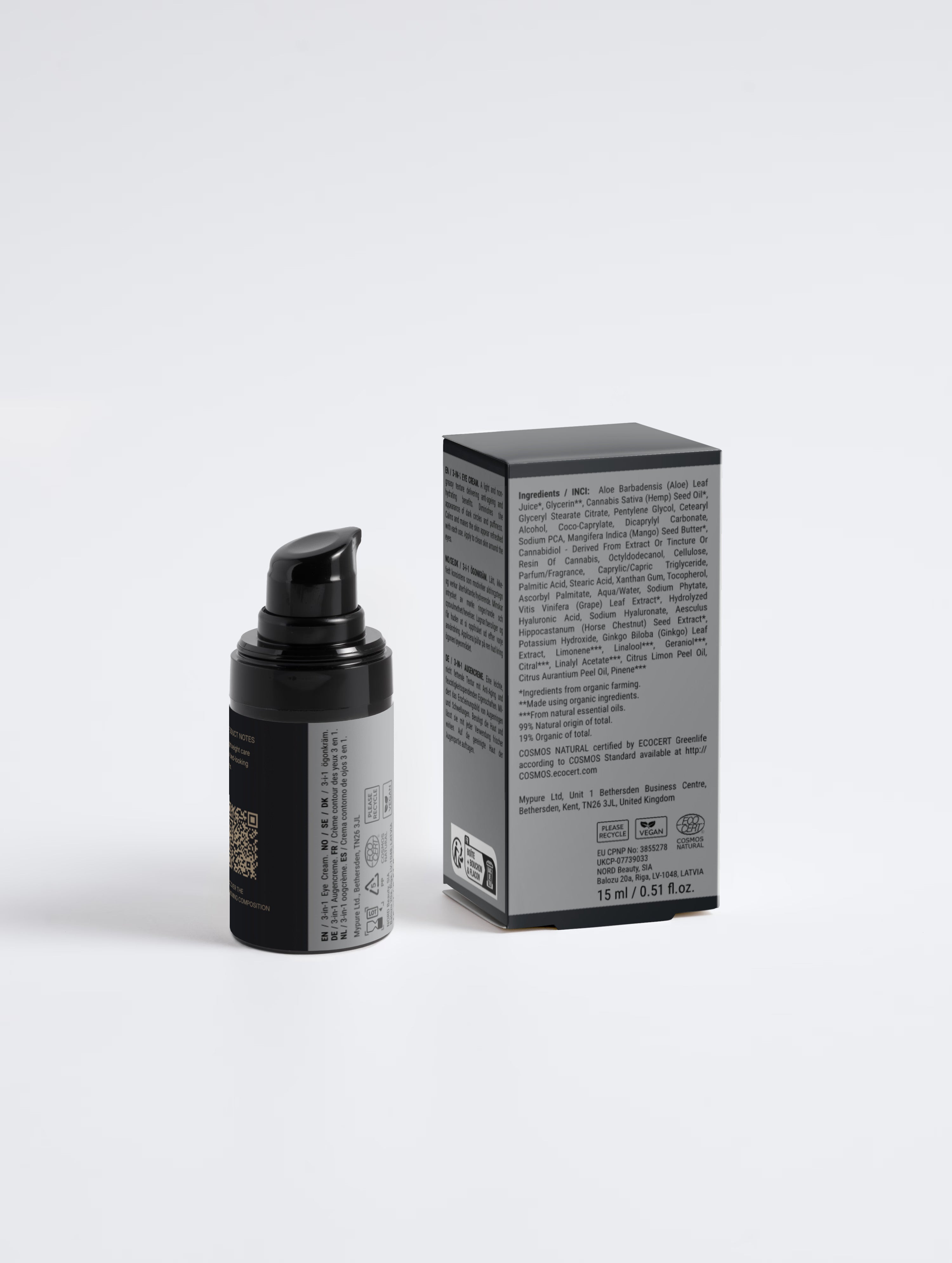 SEV Apothecary 3-in-1 Eye Cream for Men, bottle and carton reverse with product information