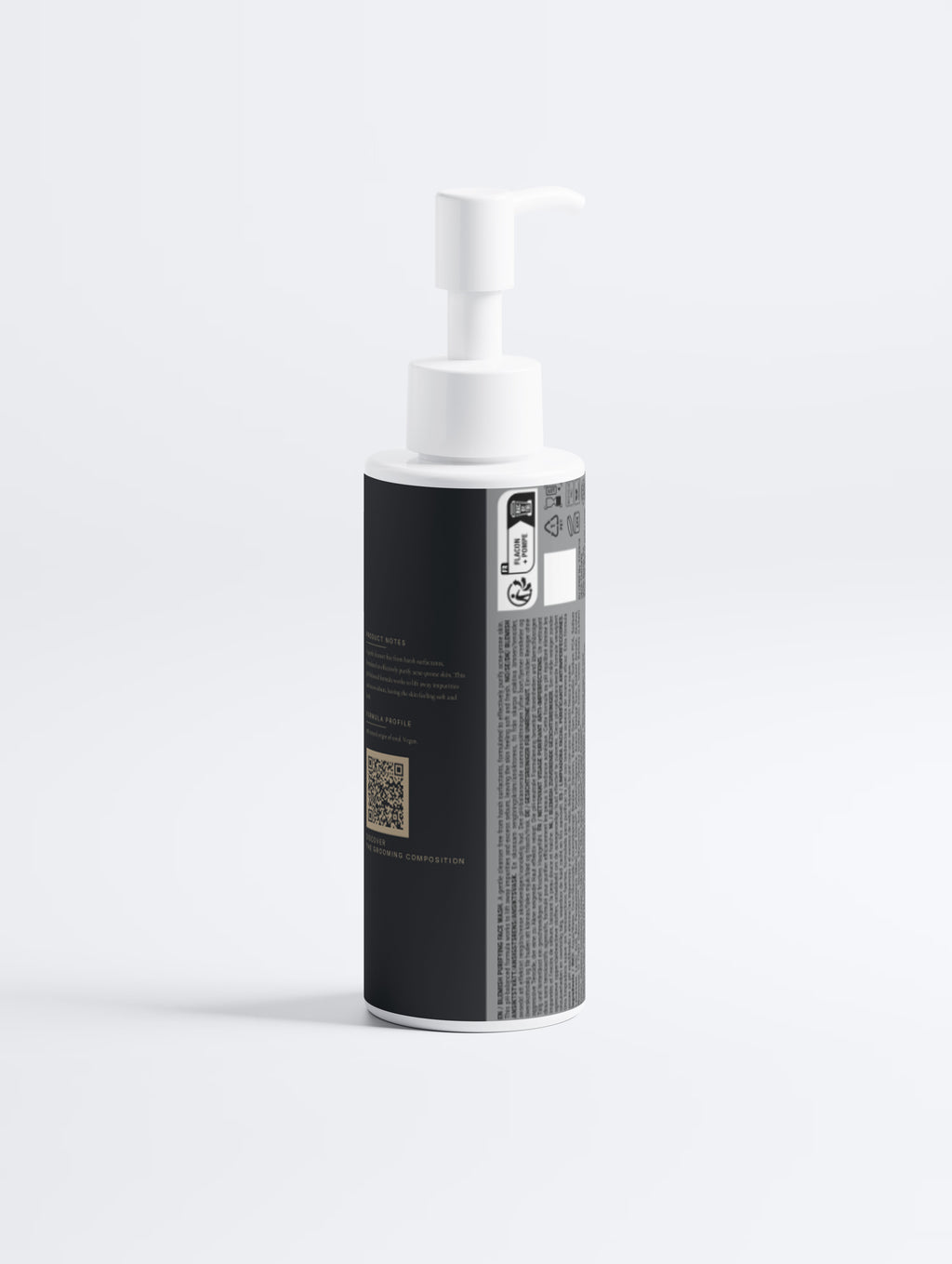The same bottle rotated to show the side panel with product notes, formula profile and QR code, alongside the printed multilingual regulatory panel and recycling marks.