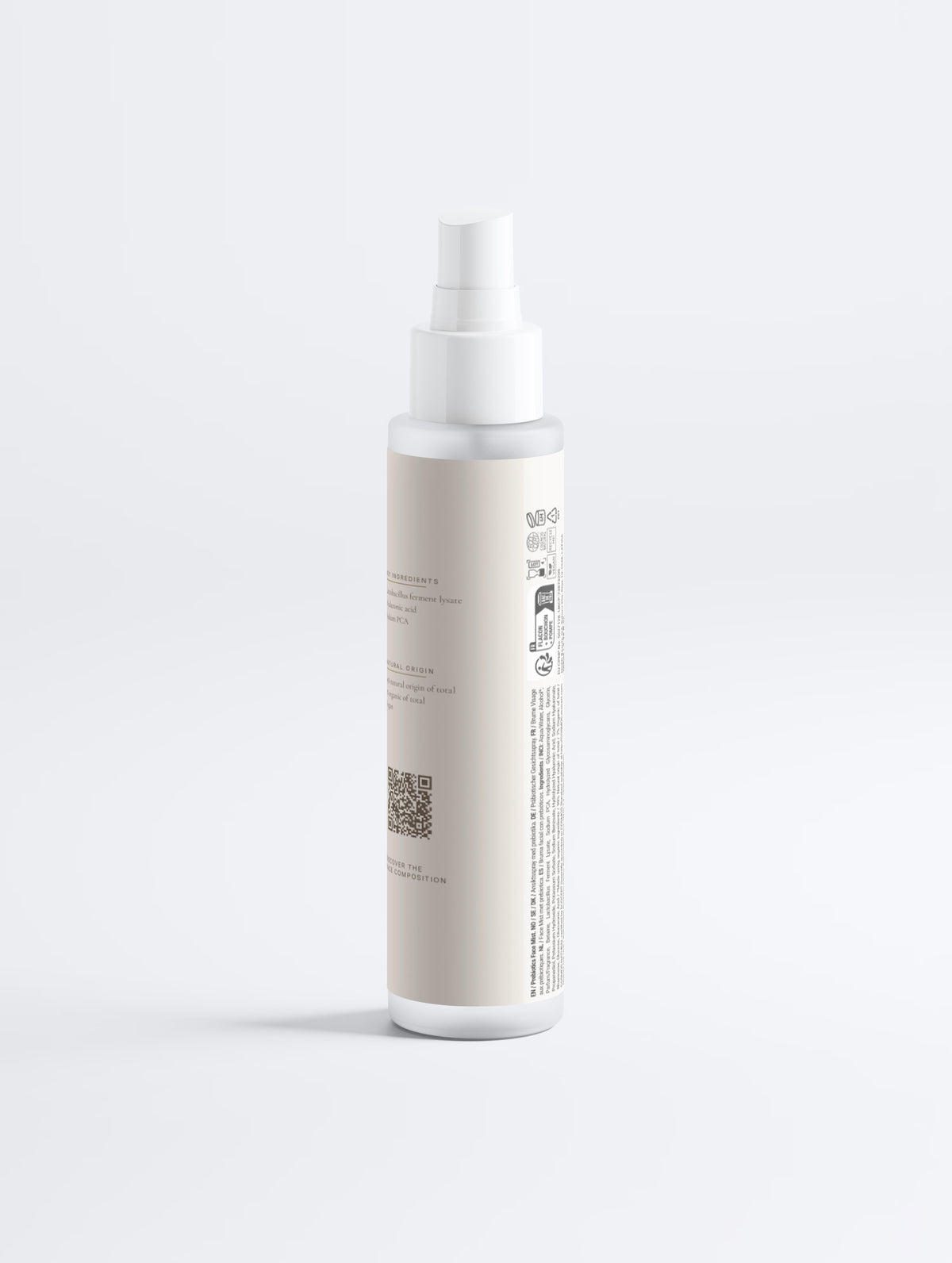 Microbiome Prebiotics Face Mist — 100 ml pump mist bottle turned to show the key ingredients and natural origin panel with the Face Composition QR code.