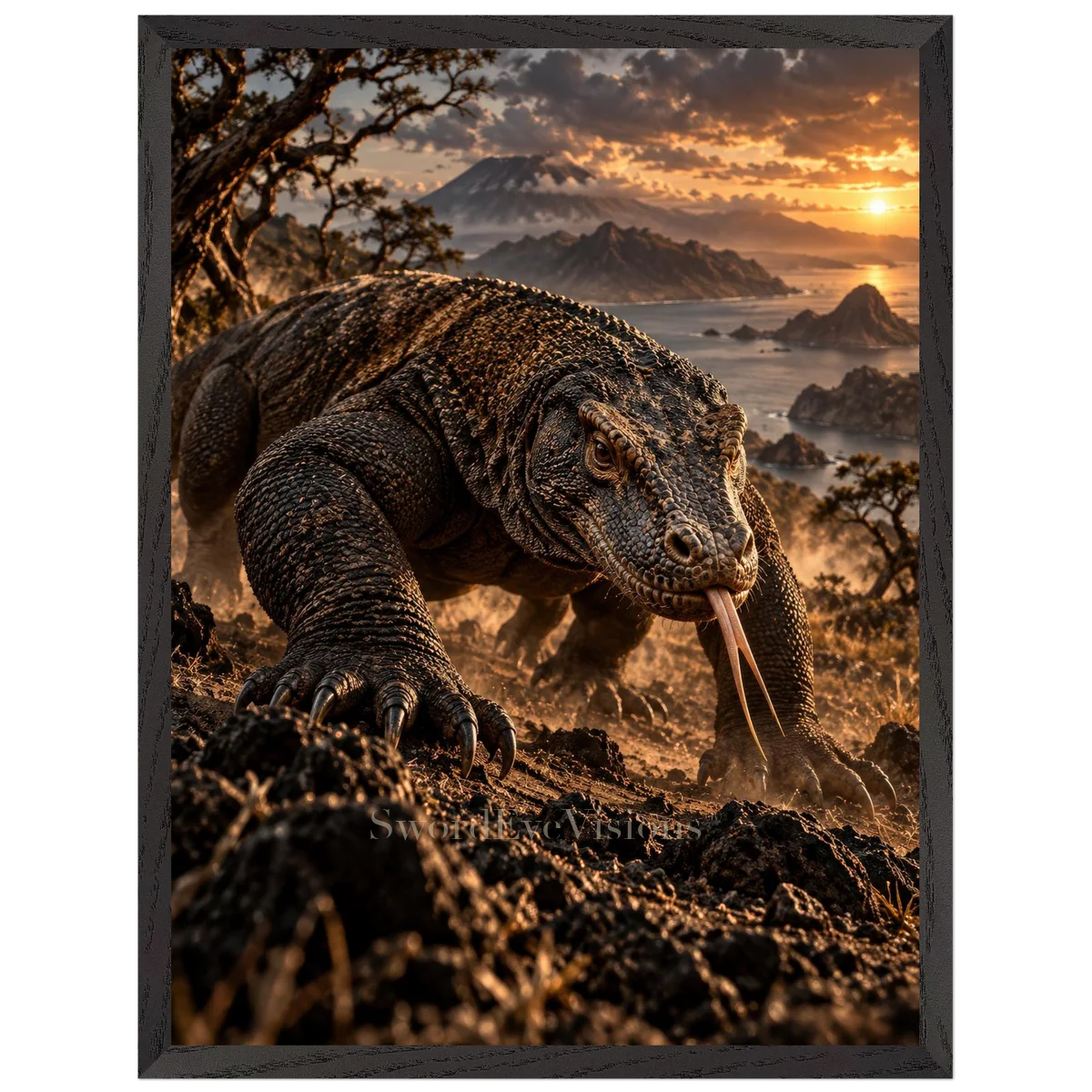 Komodo Dragon in a premium black wooden frame, 45 × 60 cm — protected artwork preview