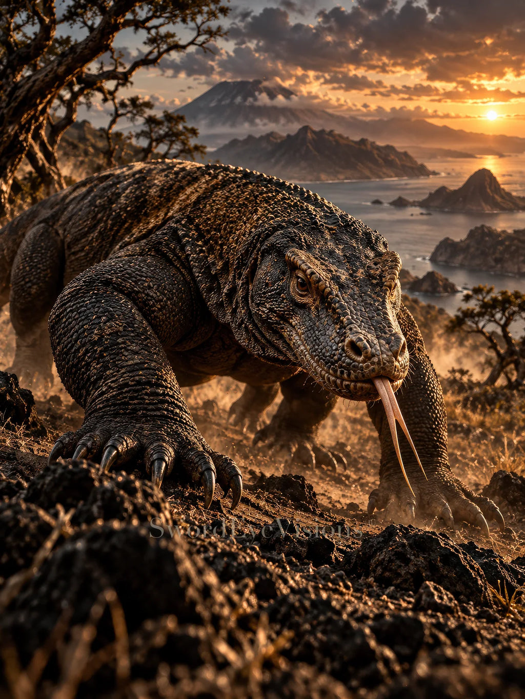 Komodo Dragon fine art print from SEV Fauna, unframed — protected web preview; watermark appears on the display image only, not the supplied print