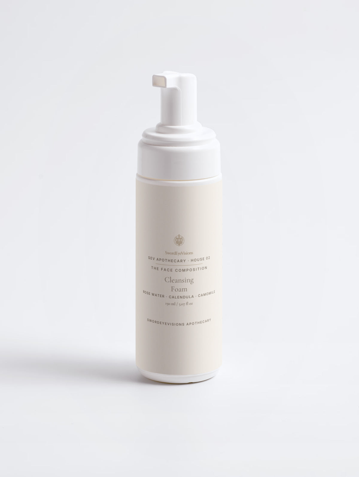 Cleansing Foam — 150 ml SEV Apothecary foam pump bottle with a cream label, front view showing the SwordEyeVisions sigil above The Face Composition, on a plain studio background.