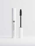 SEV Makeup Volumising Mascara, the white tube standing beside its wand, showing the SwordEyeVisions sigil, the Eyes index rule, the SEV MAKEUP line running up the tube and a QR code linking to SEV Makeup.
