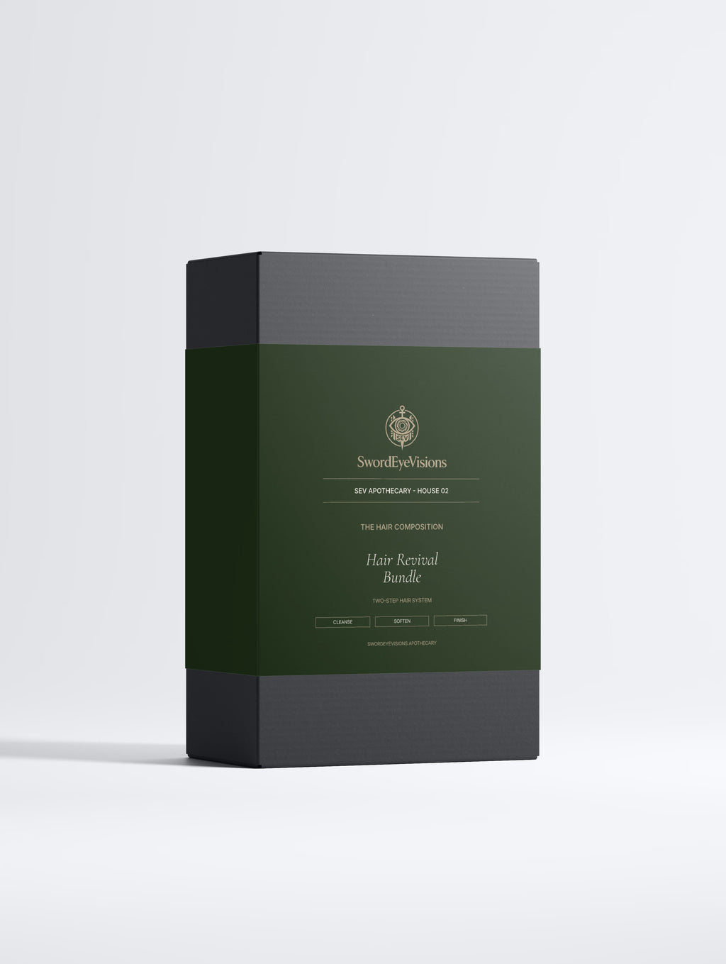 Hair Revival Bundle in its black box with deep green SEV Hair Composition sleeve, front view