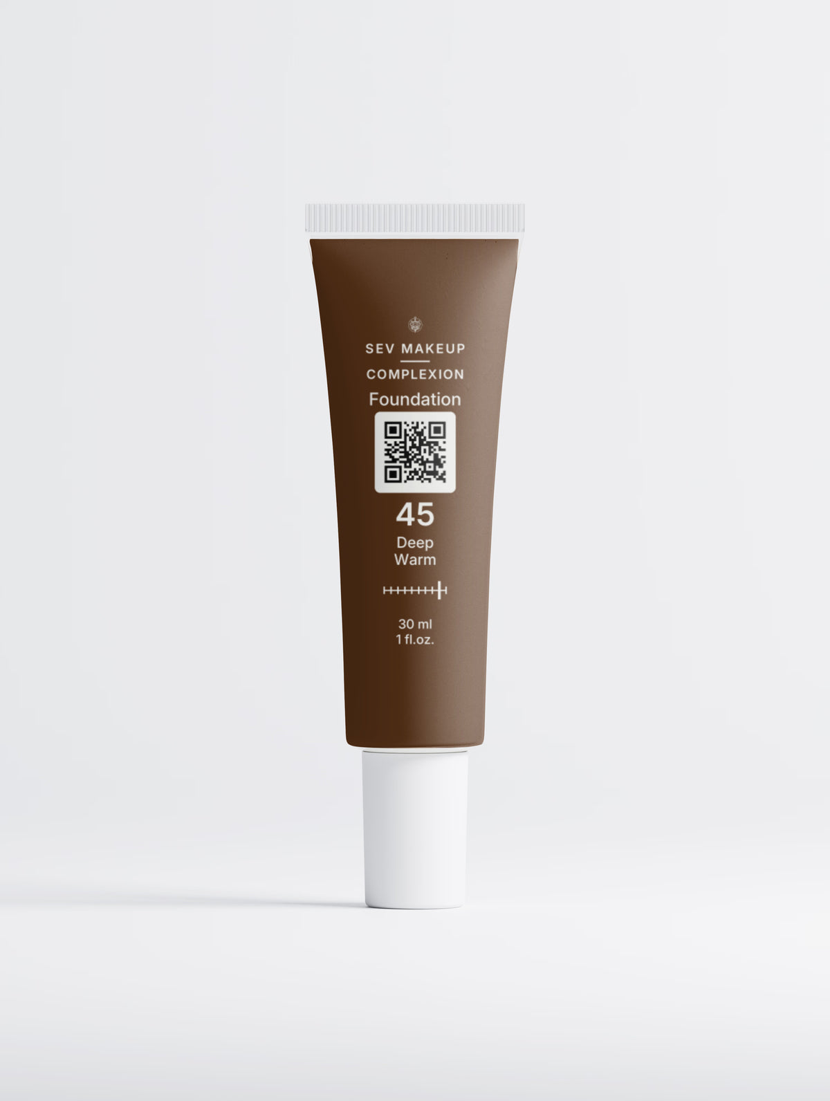 SEV Makeup Foundation with Peptides in shade 45 Deep Warm: a 30 ml squeeze tube tinted to the deep warm shade with a white cap, carrying the Complexion ten-position shade index and a QR code on a light tile.