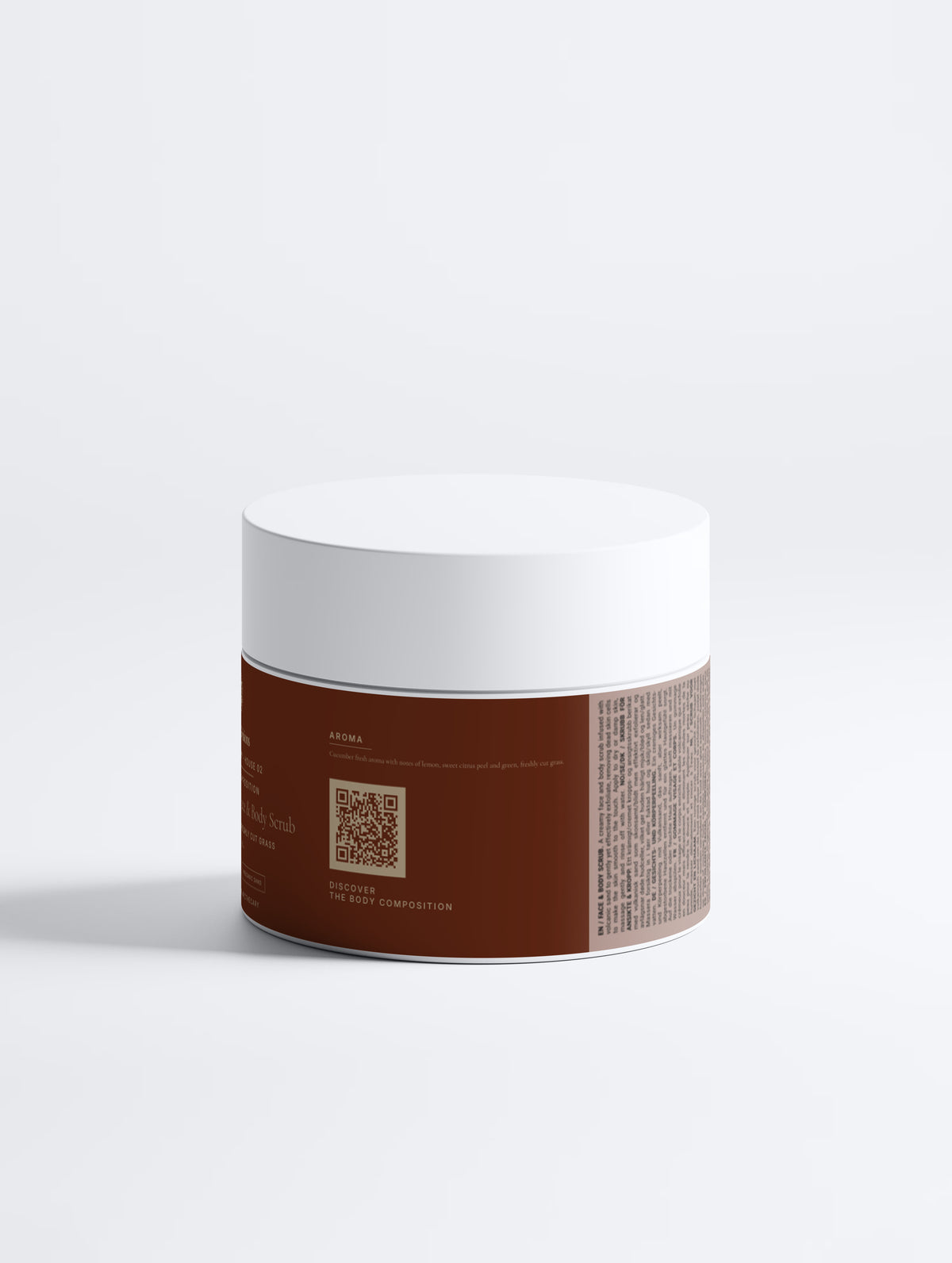Icelandic Volcano Face & Body Scrub — 170 ml jar turned to show the aroma notes and the Body Composition QR code.