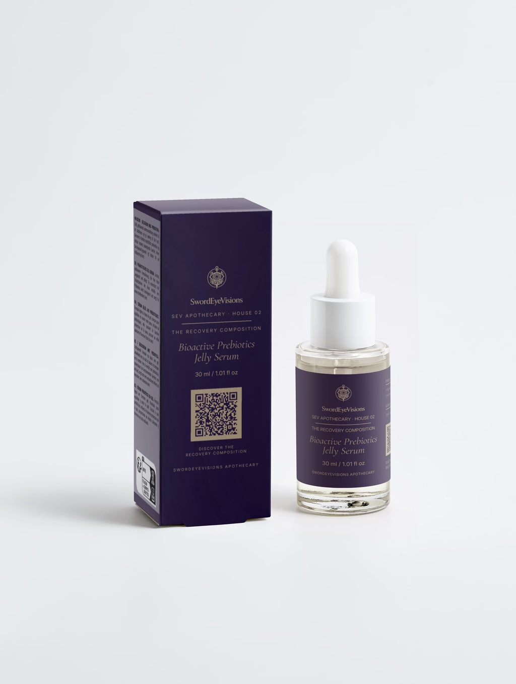 Bioactive Prebiotics Jelly Serum — 30 ml glass dropper bottle beside its aubergine SEV Apothecary carton, The Recovery Composition, on a plain studio background.