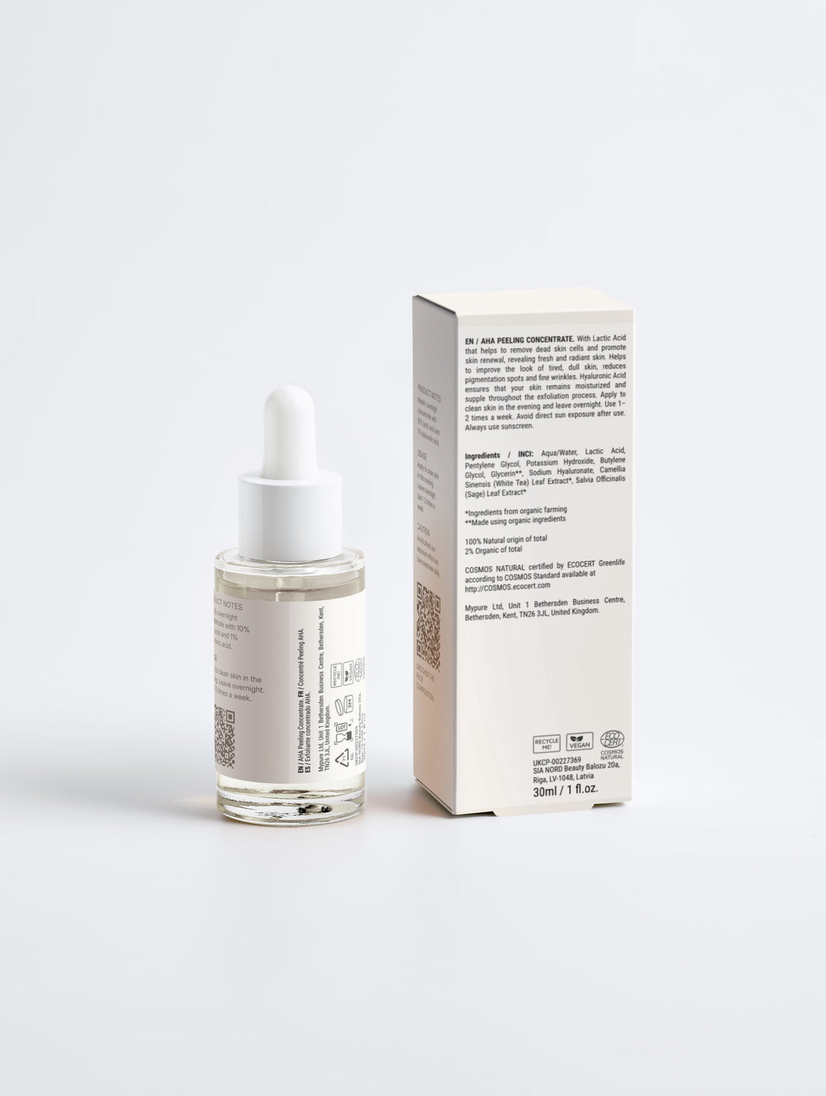 The Renewal Phase, AHA Peeling Concentrate bottle and carton, back panel showing ingredients and directions — SEV Apothecary