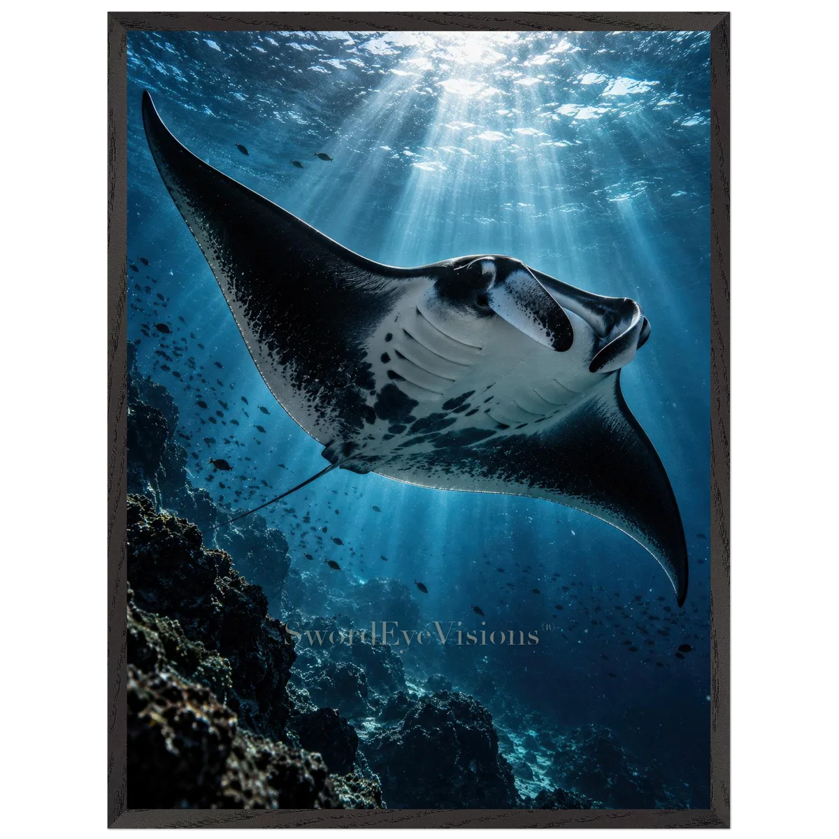 Manta Ray in a premium black wooden frame, 60 × 80 cm — protected artwork preview