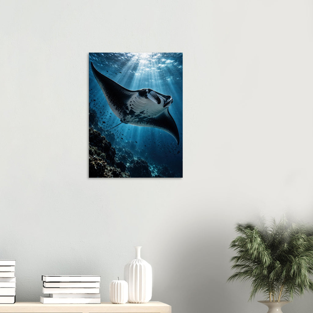 Manta Ray unframed fine art print, 45 × 60 cm, on a wall above a shelf