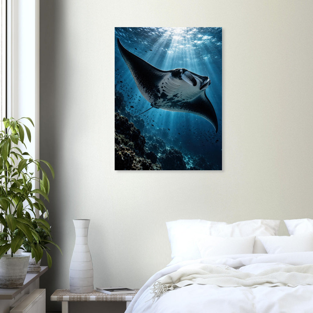 Manta Ray unframed fine art print, 60 × 80 cm, in a bedroom
