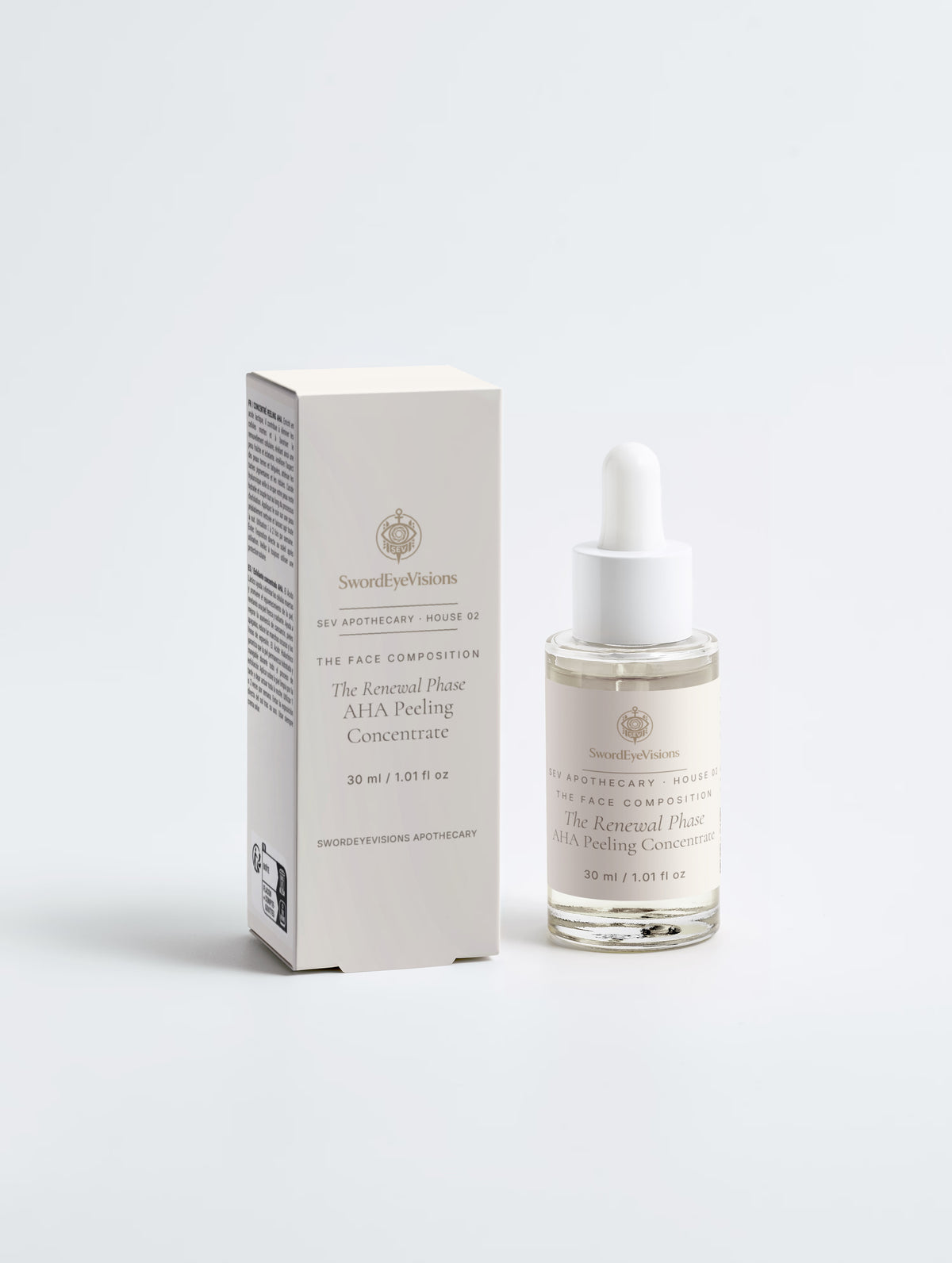 The Renewal Phase, AHA Peeling Concentrate 30 ml dropper bottle and carton, front view — SEV Apothecary, The Face Composition