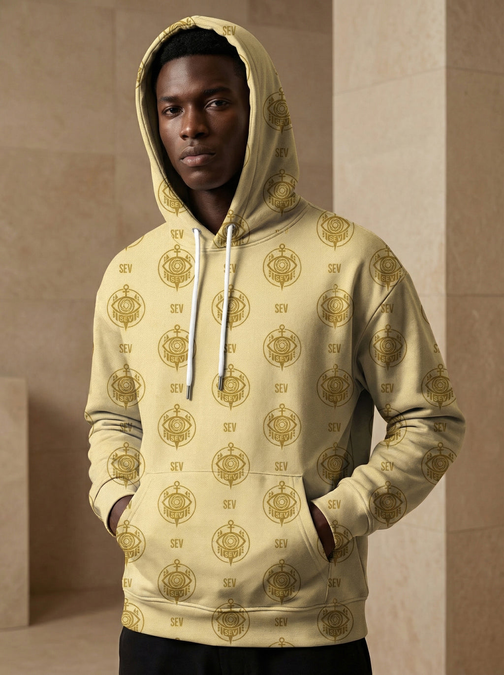 SEV GoldCream Monogram All-Over Print Recycled Unisex Hoodie — Recycled Edition — alternate view 2 of 6