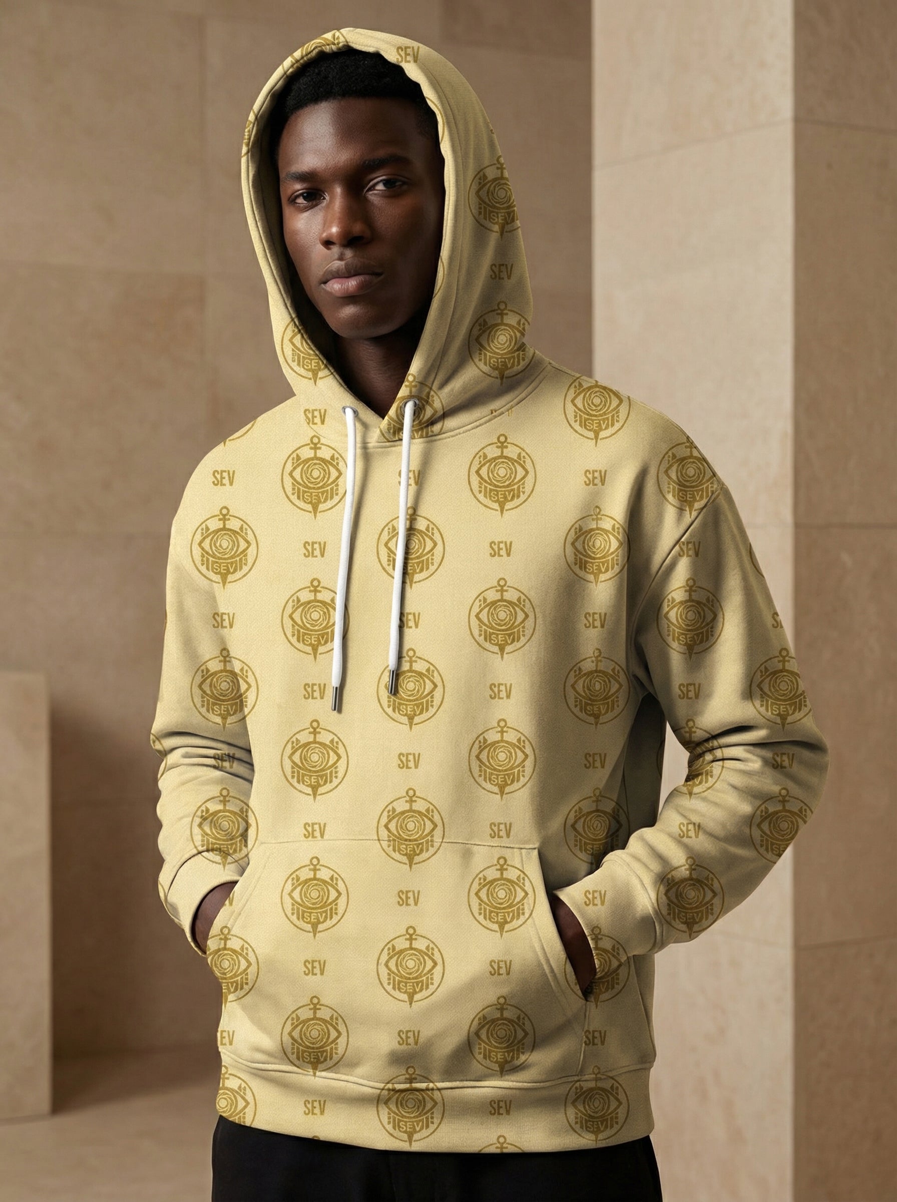 SEV GoldCream Monogram All-Over Print Recycled Unisex Hoodie — Recycled Edition — alternate view 2 of 6