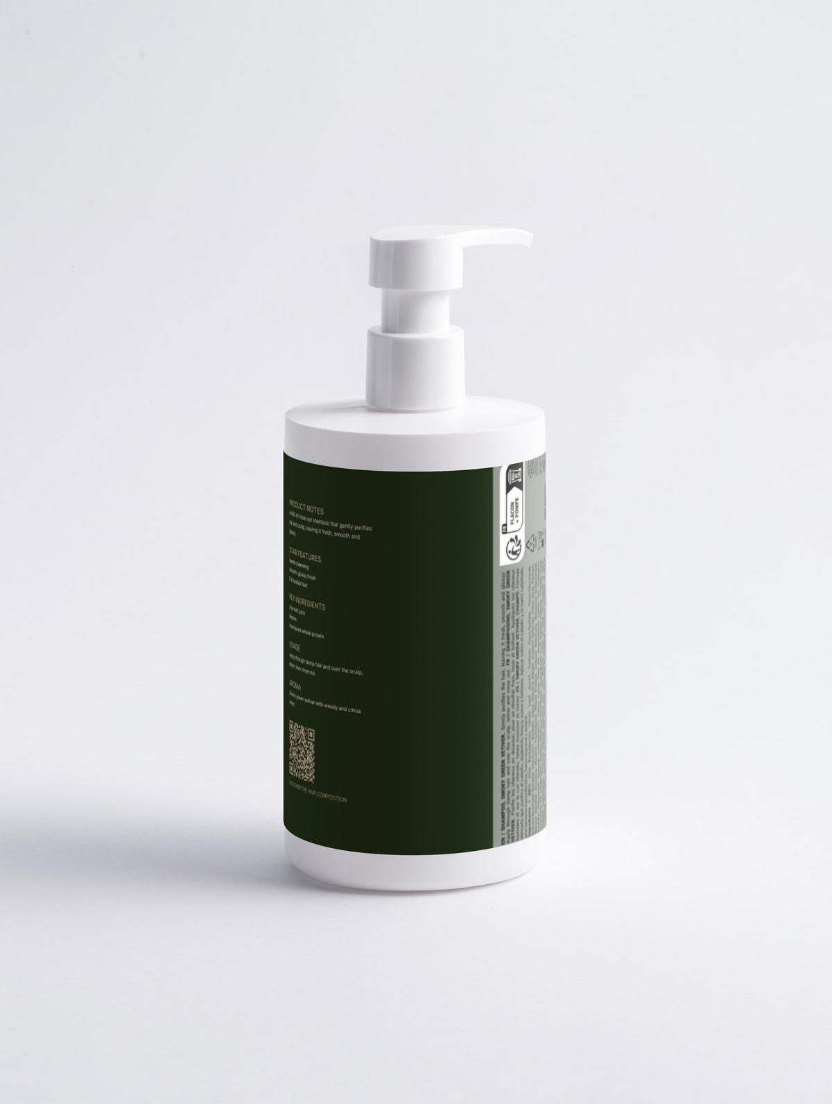 Gloss Shampoo, Smoky Green Vetiver pump bottle, back panel showing product notes, ingredients and directions — SEV Apothecary