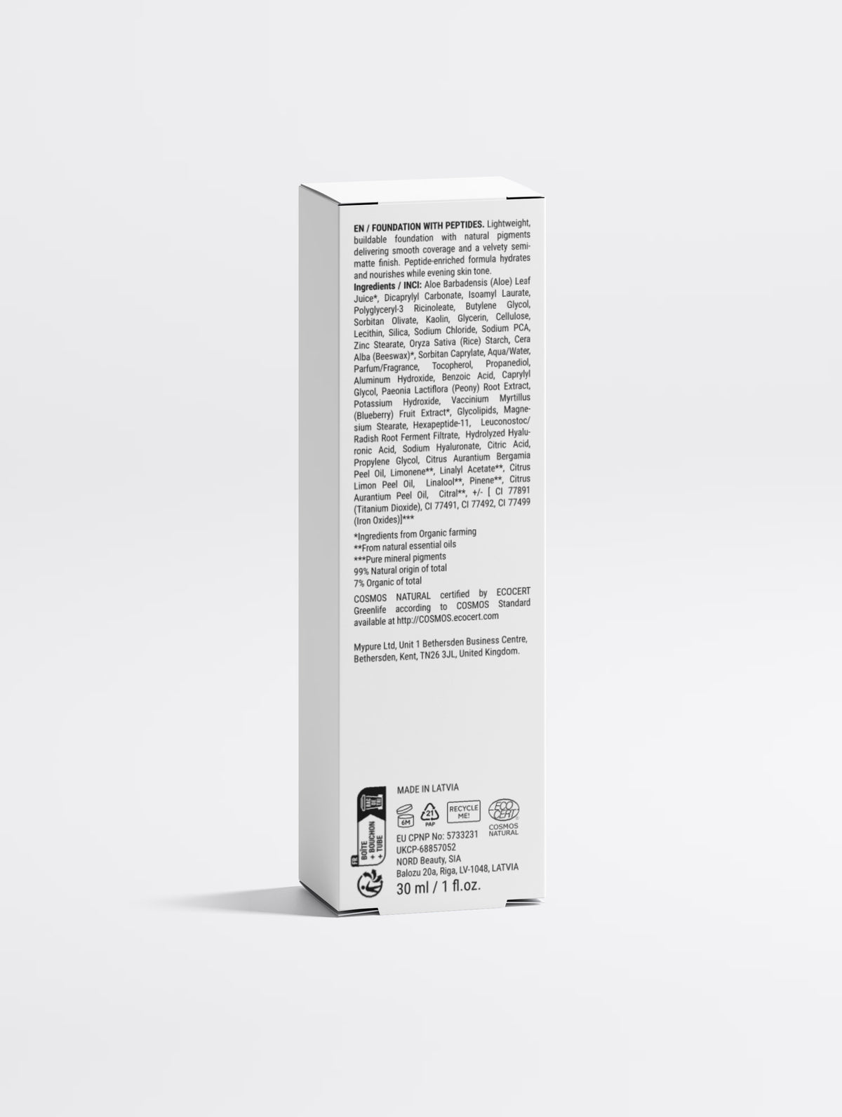 Reverse of the SEV Makeup Foundation carton showing the full ingredients list, ECOCERT COSMOS Natural certification, recycling marks, Made in Latvia, and the EU and UK registration numbers.