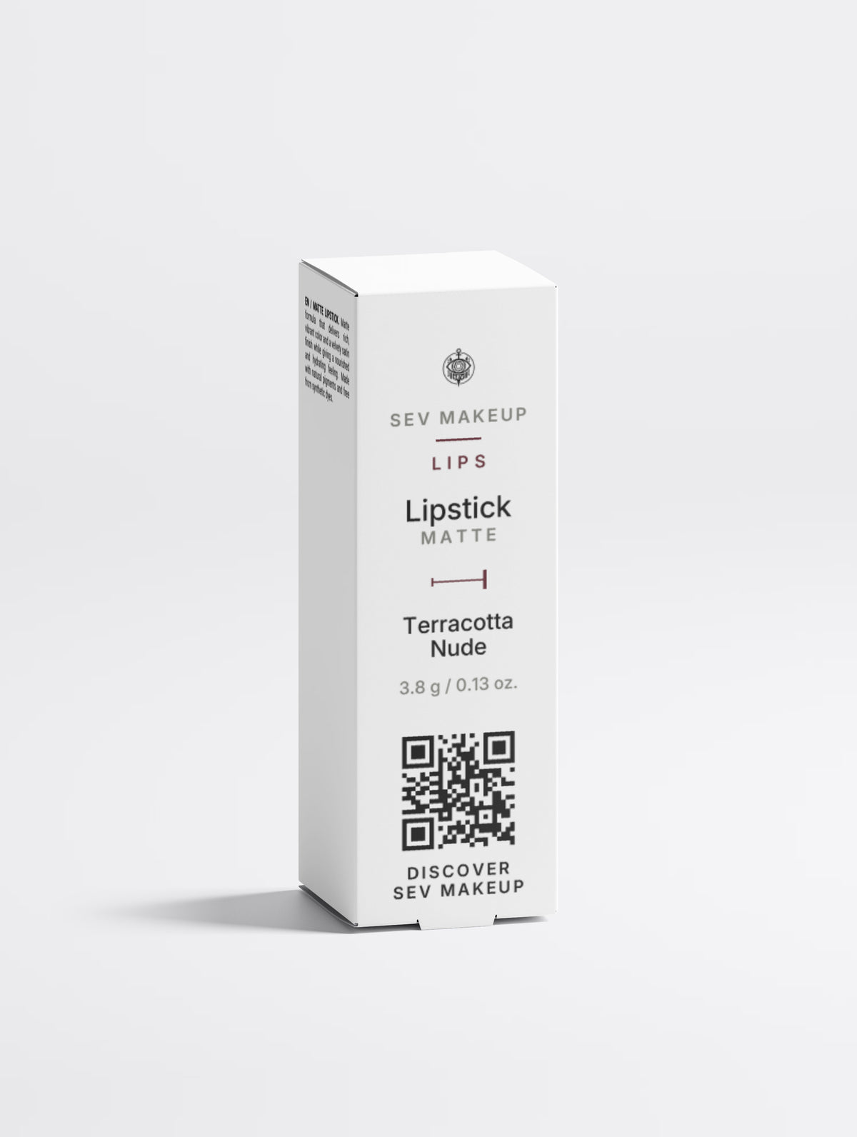 Front of the SEV Makeup Lipstick carton, reading LIPS, Lipstick, Matte, Terracotta Nude, with the oxblood two-position index and a QR code captioned DISCOVER SEV MAKEUP.