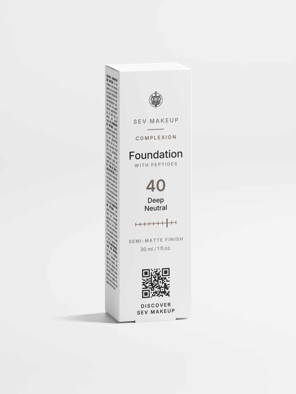 Front of the SEV Makeup Foundation carton, reading COMPLEXION, Foundation with Peptides, shade 40 Deep Neutral, with the ten-position shade index, semi-matte finish, 30 ml / 1 fl.oz. and a QR code captioned DISCOVER SEV MAKEUP.