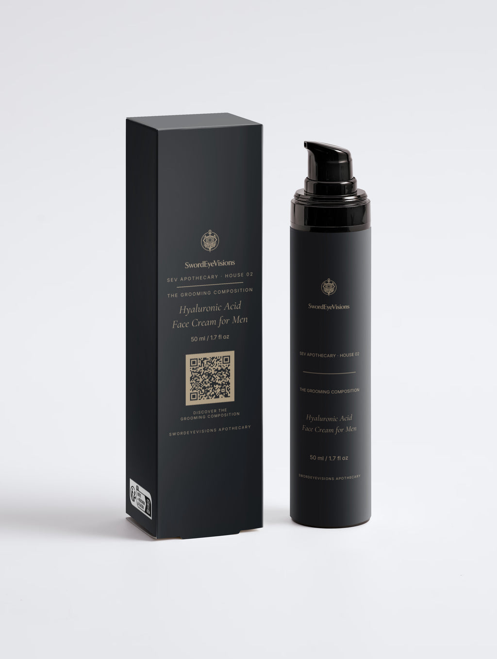 Hyaluronic Acid Face Cream for Men — 50 ml airless pump bottle beside its near-black SEV Apothecary carton, The Grooming Composition, on a plain studio background.