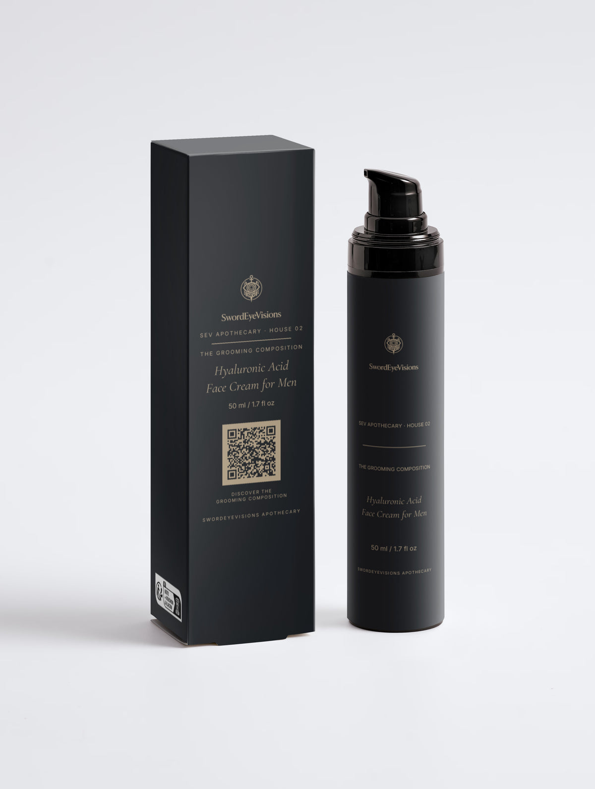 Hyaluronic Acid Face Cream for Men — 50 ml airless pump bottle beside its near-black SEV Apothecary carton, The Grooming Composition, on a plain studio background.