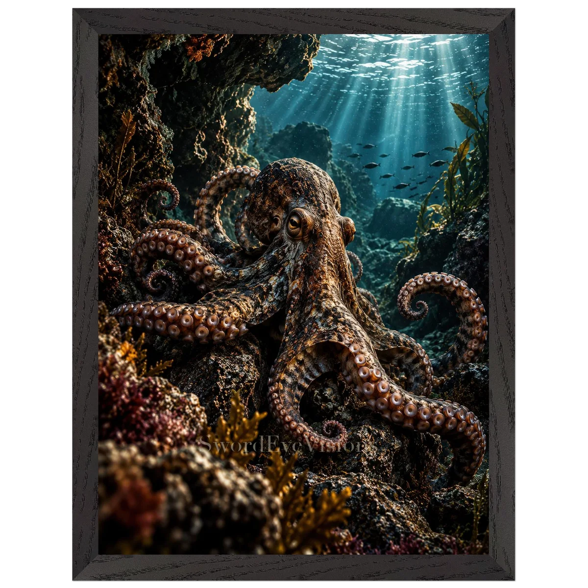 Octopus in a premium black wooden frame, 30 × 40 cm — protected artwork preview