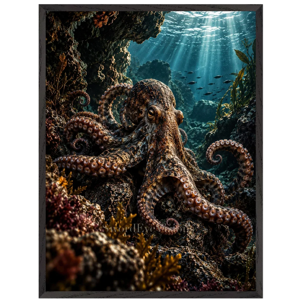 Octopus in a premium black wooden frame, 60 × 80 cm — protected artwork preview