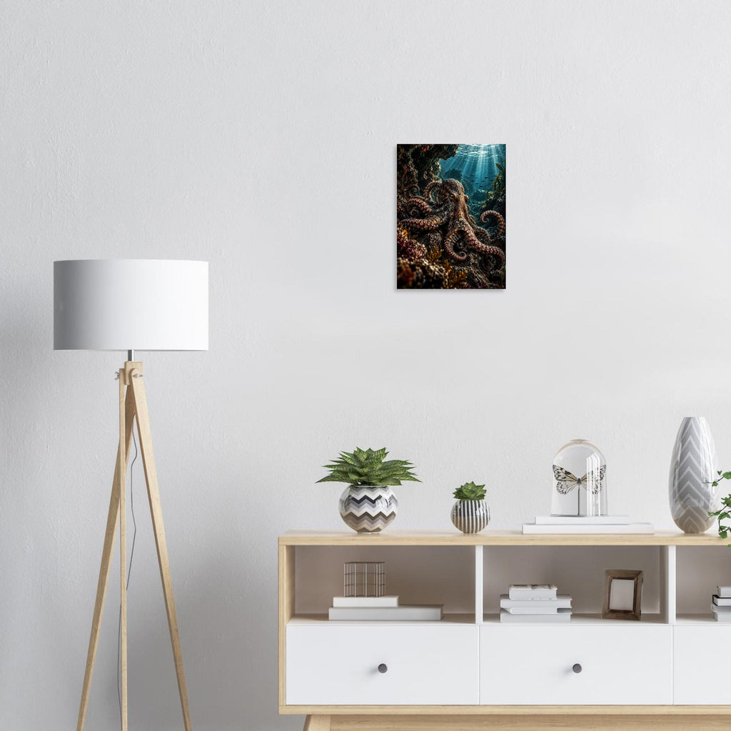 Octopus unframed fine art print, 30 × 40 cm, on a wall above a sideboard