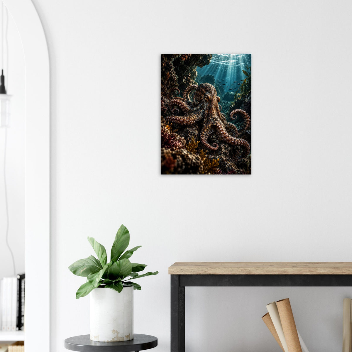 Octopus unframed fine art print, 45 × 60 cm, beside an arched doorway
