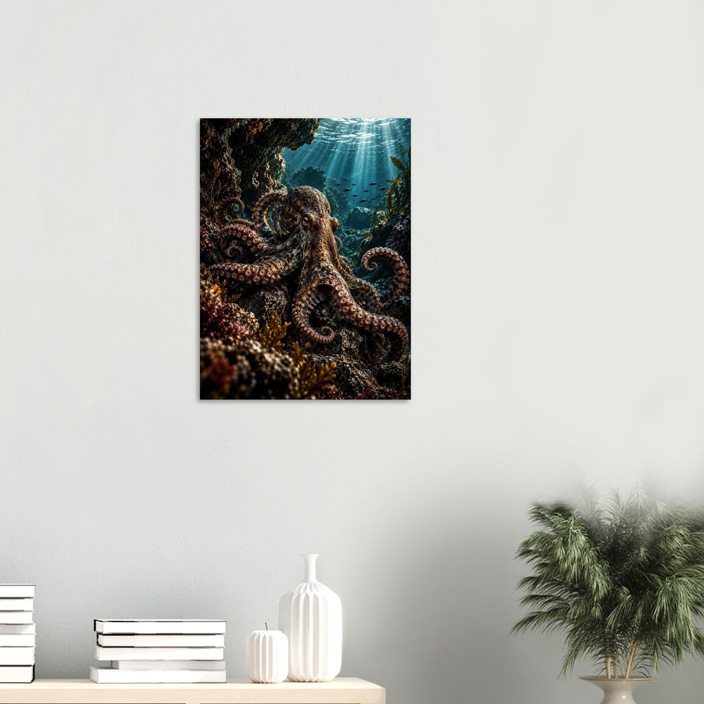 Octopus unframed fine art print, 45 × 60 cm, on a wall above a shelf