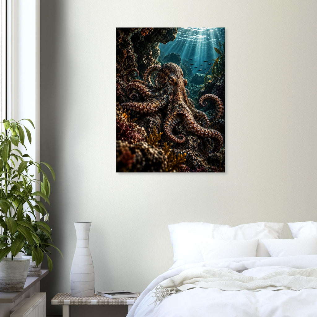 Octopus unframed fine art print, 60 × 80 cm, in a bedroom