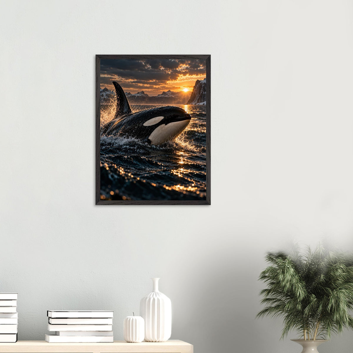 Orca framed art print, 45 × 60 cm, on a wall above a shelf