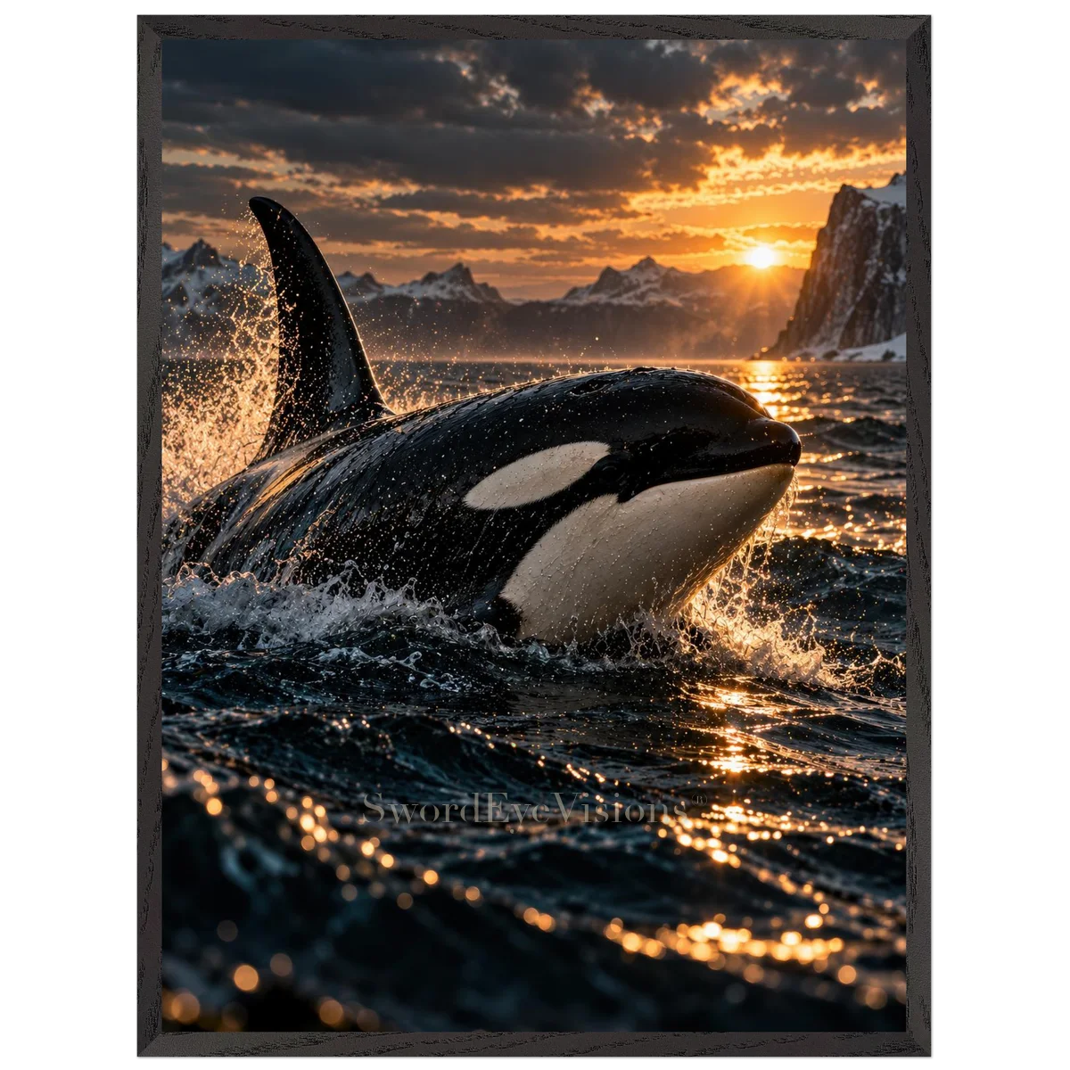 Orca in a premium black wooden frame, 60 × 80 cm — protected artwork preview