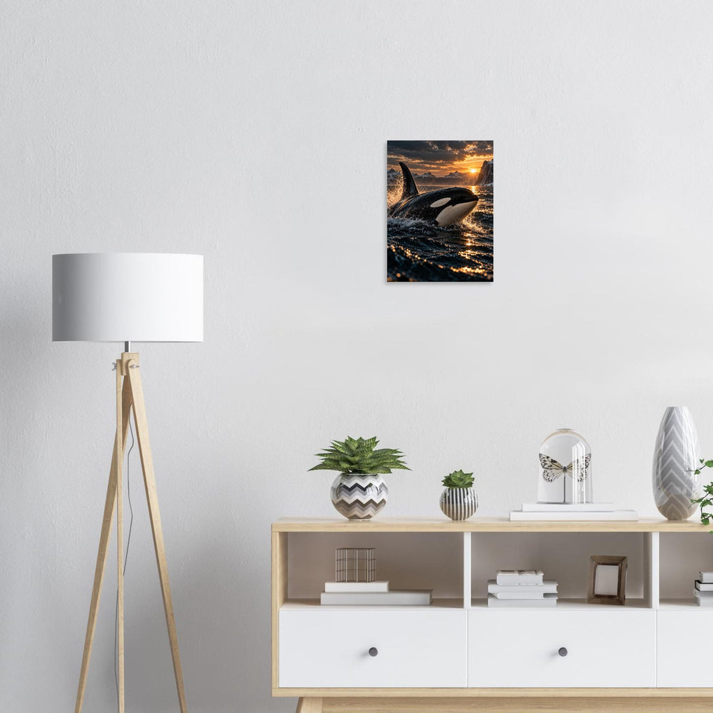 Orca unframed fine art print, 30 × 40 cm, on a wall above a sideboard