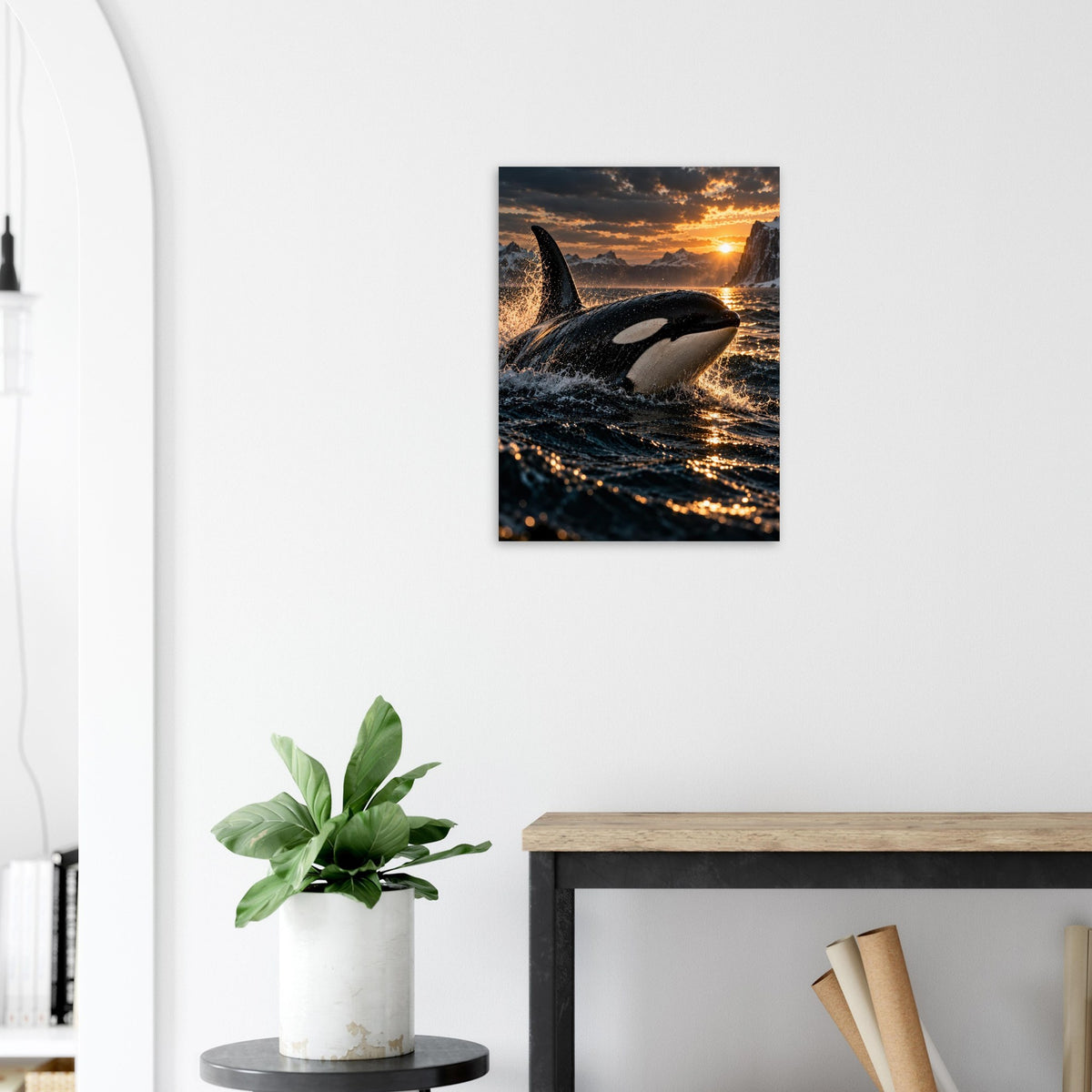 Orca unframed fine art print, 45 × 60 cm, beside an arched doorway