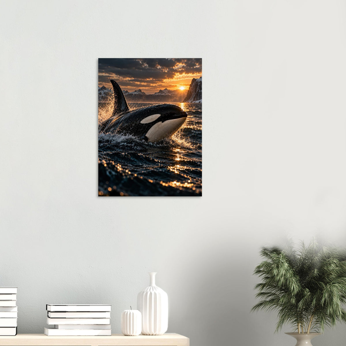 Orca unframed fine art print, 45 × 60 cm, on a wall above a shelf