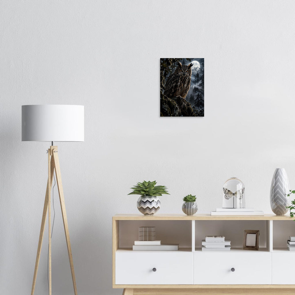 Owl unframed fine art print, 30 × 40 cm, on a wall above a sideboard