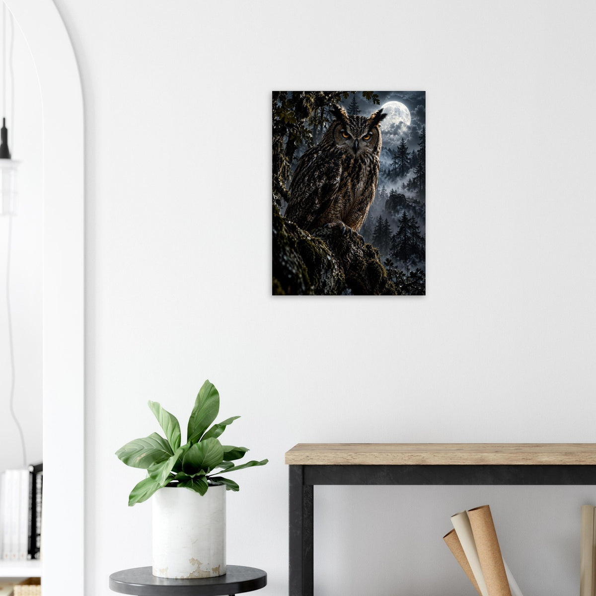 Owl unframed fine art print, 45 × 60 cm, beside an arched doorway