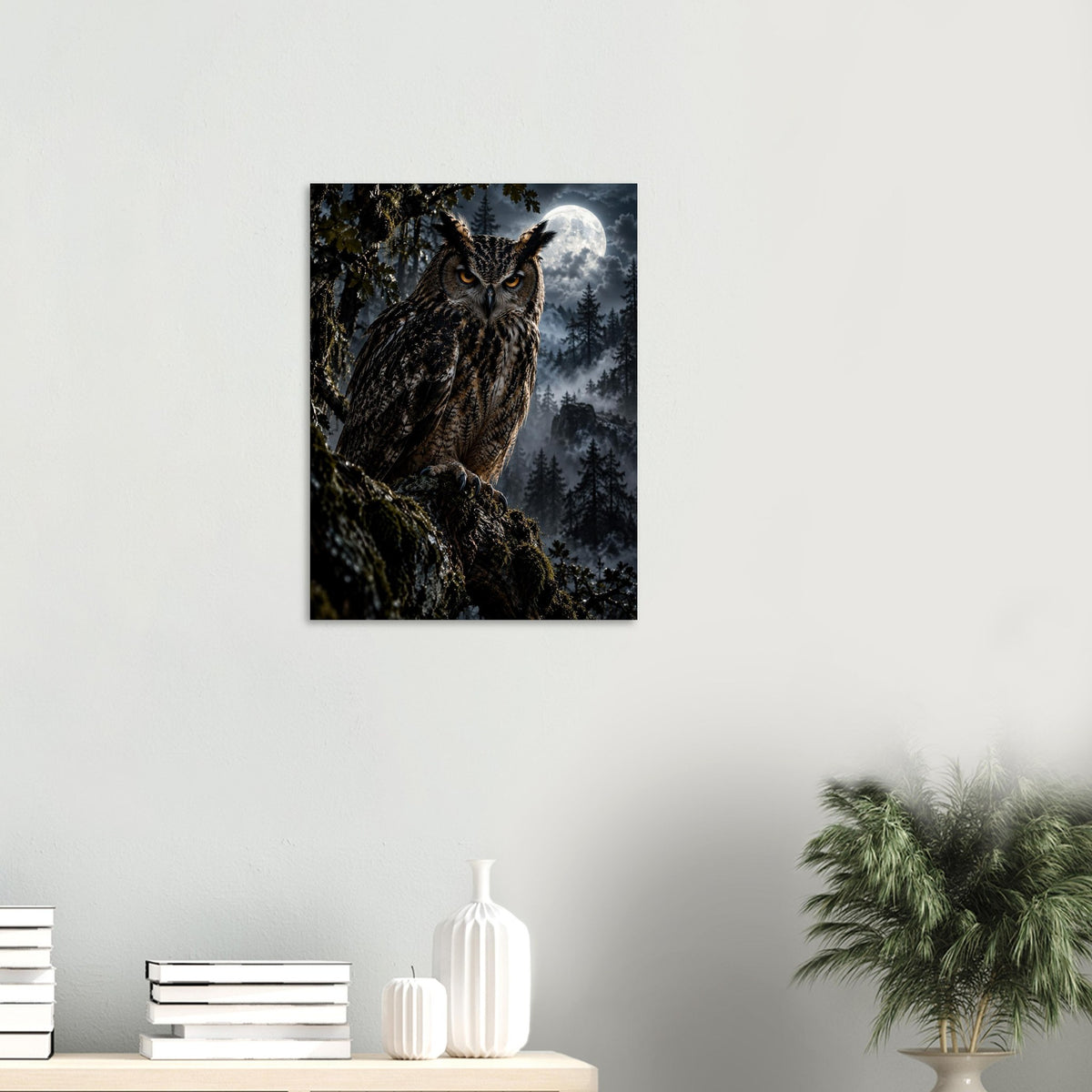 Owl unframed fine art print, 45 × 60 cm, on a wall above a shelf