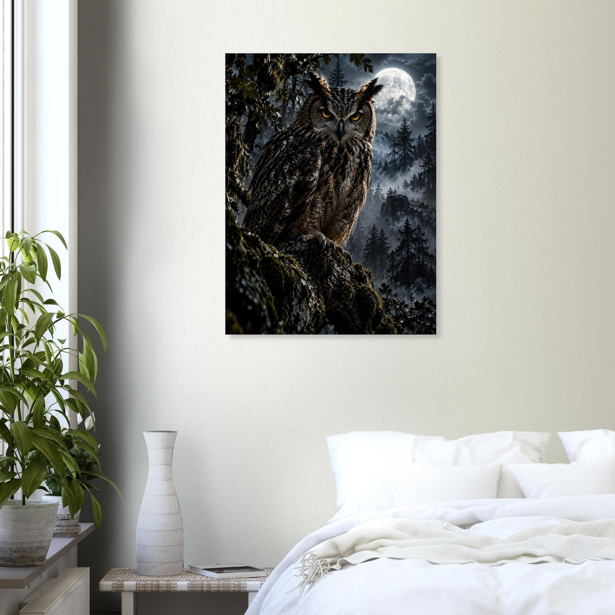 Owl unframed fine art print, 60 × 80 cm, in a bedroom
