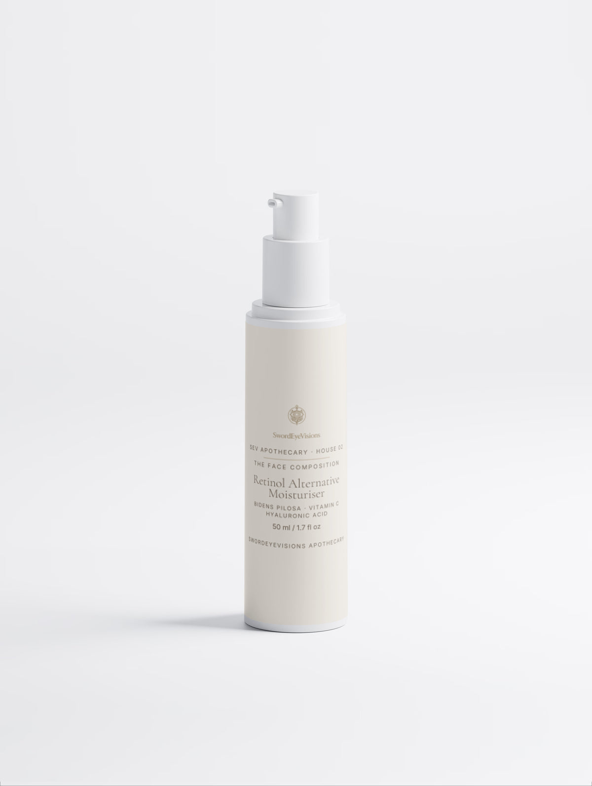 The 50 ml pump bottle alone, front view, on a pale background.