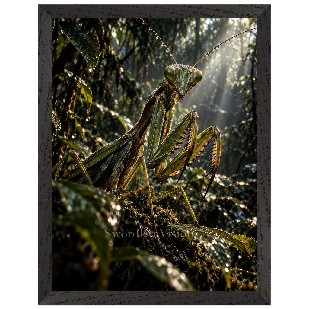 Praying Mantis in a premium black wooden frame, 30 × 40 cm — protected artwork preview
