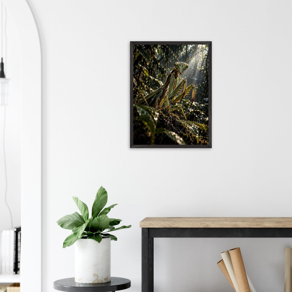 Praying Mantis framed art print, 45 × 60 cm, beside an arched doorway