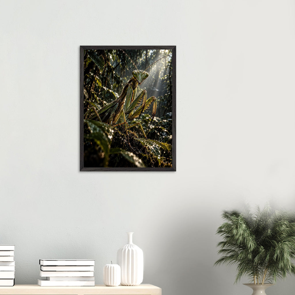 Praying Mantis framed art print, 45 × 60 cm, on a wall above a shelf