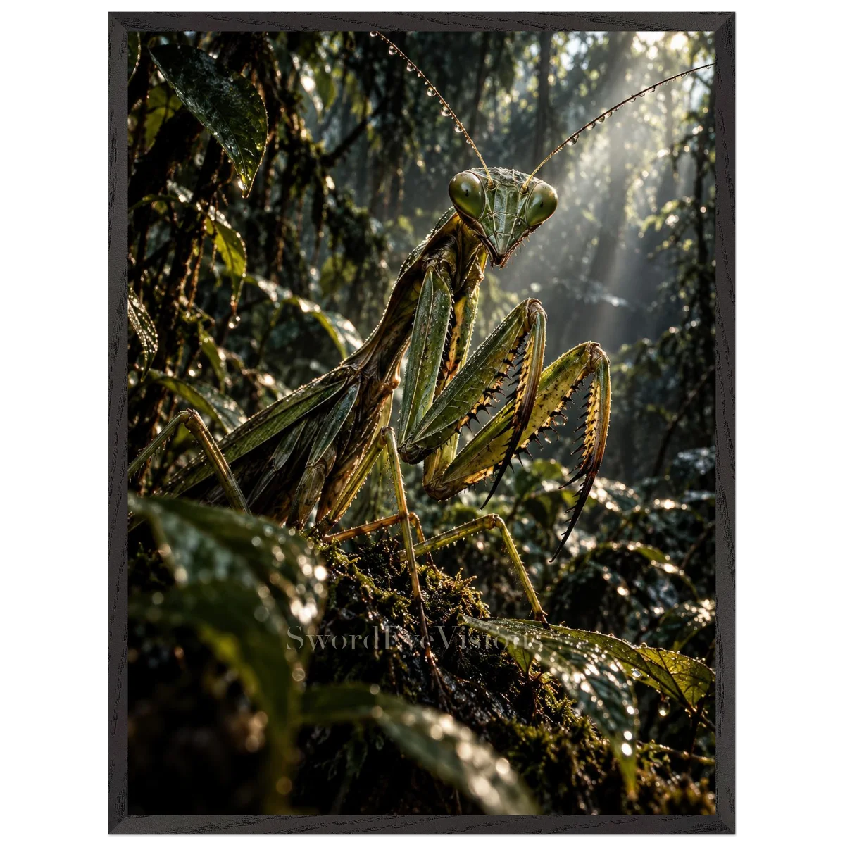 Praying Mantis in a premium black wooden frame, 60 × 80 cm — protected artwork preview